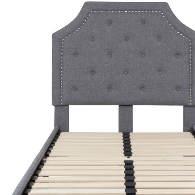 Elegant Twin-Size Light Gray Upholstered Bed with Tufted Headboard and Nailhead Trim