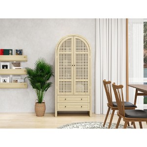Okak Arched Kitchen Pantry Cabinet, Tall Cabinet with 2 Drawer & Rattan Door, Versatile Cupboard for Living Room Dining Room, Natural - 1 of 4
