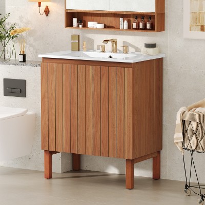 FURNIinspire Bathroom Storage Cabinets Bathroom Vanity, Minimalist Vanity Cabinet Organizer With Ceramic Sink, Home Storage, Brown, 18.25"*30"*34.5"