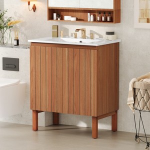 FURNIinspire Bathroom Storage Cabinets Bathroom Vanity, Minimalist Vanity Cabinet Organizer With Ceramic Sink, Home Storage, Brown, 18.25"*30"*34.5" - 1 of 4