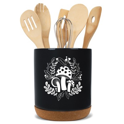 Elanze Designs 8 inch Floral Mushroom Leaf Large Ceramic Kitchen Utensil Holder Black and White Crock with Cork Base