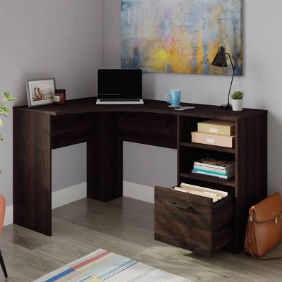 Oak Brown L-Shaped Corner Desk with Drawer and Filing Cabinet