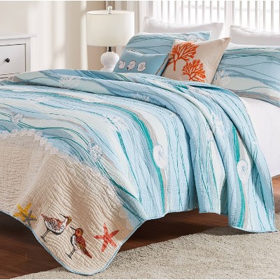 Maui Coastal Blue Cotton Reversible King Quilt Set