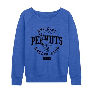 Women's - Peanuts - Peanuts Soccer Club Lightweight French Terry Wide Neck Long Sleeve Graphic Shirt - 1 of 4