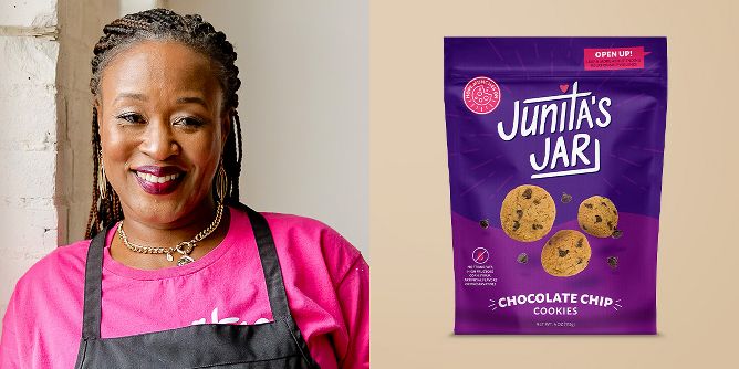 Close in shot of a box of Junita's Jar chocolate chip cookies and brand founder smiling.