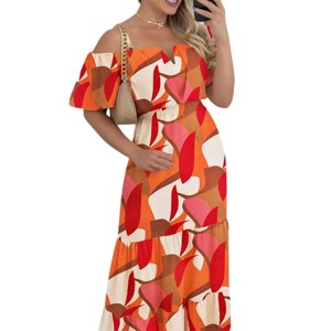 Women's Summer Square Neck Ruffle Puff Sleeves Boho High Waist Smocked Flowy A Line Dress - 1 of 4