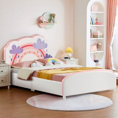 Costway Kids Upholstered Platform Bed Children Twin Size Wooden Bed Rainbow Pattern