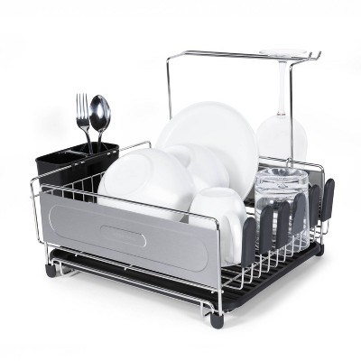 Compact Stainless Steel Dish Rack with Utensil Cup and Wine Glass Holder