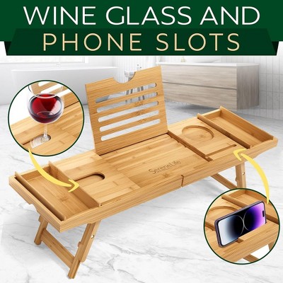 Adjustable Dark Brown Bamboo Freestanding Bathtub Caddy Tray