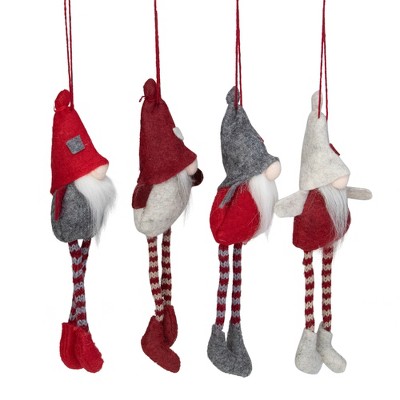 Set of 4 Red and Gray Plush Gnome Christmas Ornaments