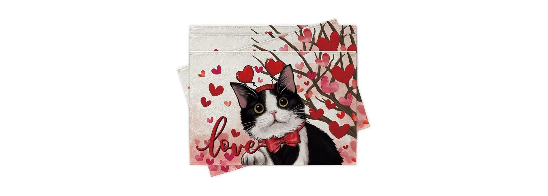 Lomsoe Valentines Day Cat Placemats Red Pink Love Heart Dining Placemats Table Decor Anniversary Wedding Valentines Day Gift 12x18 Inch