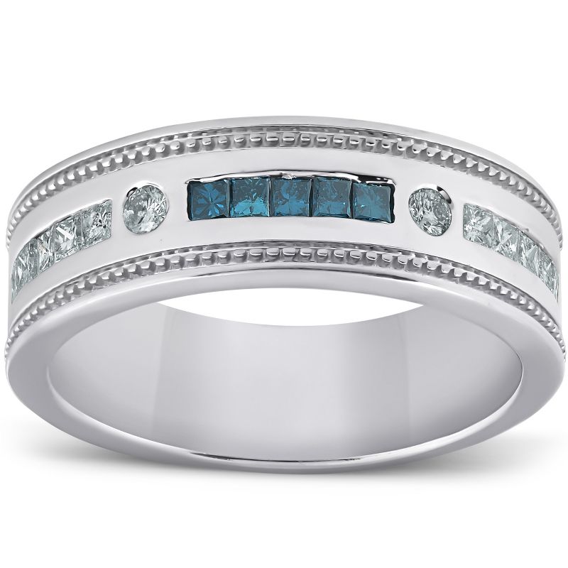Pompeii3 1/2 Ct Mens Blue Diamond Princess Cut Wedding Ring 10k White Gold, 1 of 5