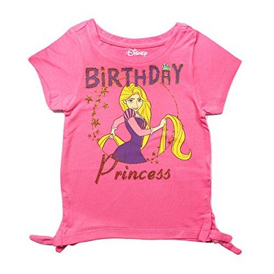 Disney Girl's Rapunzel Birthday Princess Glitter Print Short Sleeve Side Tie Graphic Tee