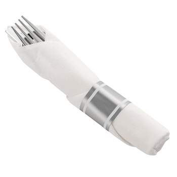 Smarty Had A Party Silver Plastic Cutlery in White Napkin Rolls Set - Napkins, Forks, Knives, Spoons and Paper Rings (100 Guests)