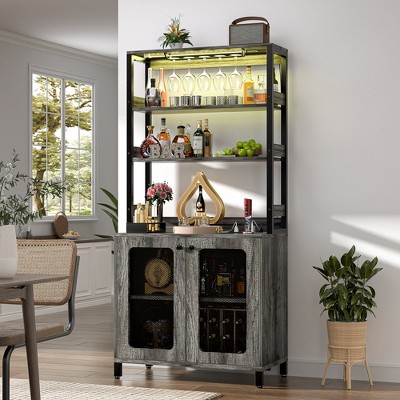 Aheaplus Wine Bar Cabinet with LED Light and Power Strip