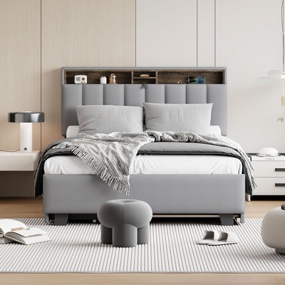 Okak Full Platform Bed Frame with Upholstered & Trundle Storage Headboard Bed with 2 Drawers Sockets USB Ports Easy Assembly, Gray