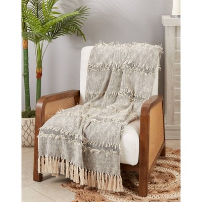 Gray Cotton Striped Fringe Throw Blanket