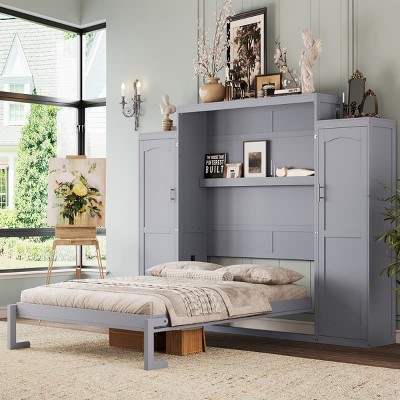 Queen Size Murphy Bed with Cabinets and Bookcase, Wall Bed with Storage Wardrobe and Foldable Platform Frame-Maison Boucle