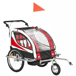 Aosom Foldable Bike Trailer for Kids, Toddler Carrier with 2 Seats, Safety Flag, Light Reflectors, & 5 Point Harness, Red