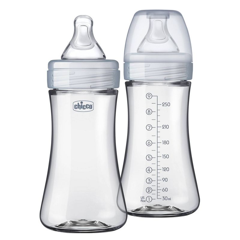 Chicco 2pk Duo Hybrid Baby Bottle with Invinci-Glass Inside/Plastic Outside with Slow Flow Anti-Colic Nipple - Clear/Gray - 9oz, 1 of 17