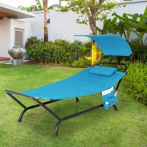 Costway Patio Hanging Chaise Lounge Chair with Canopy, Cushion, Pillow & Storage Bag Blue/Beige/Brown - 1 of 4