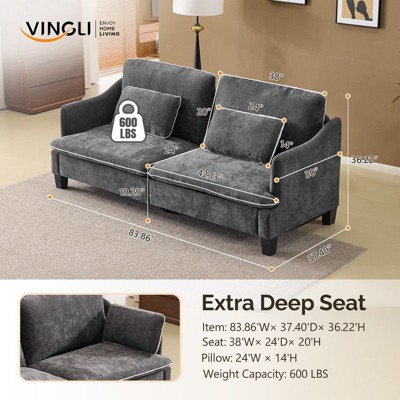 Product diagram with dimensions of extra deep seat sofa