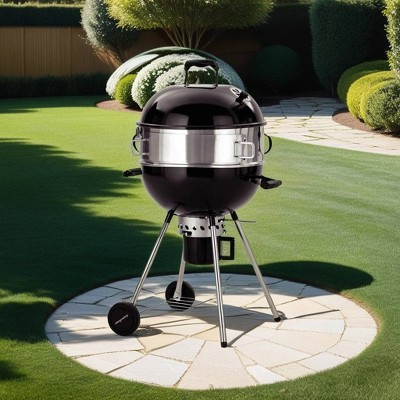 Kitchen Academy 22 inch Kettle Enamel Charcoal Patio Grill with Built-in Thermometer, Size: Metal - Assembly Required