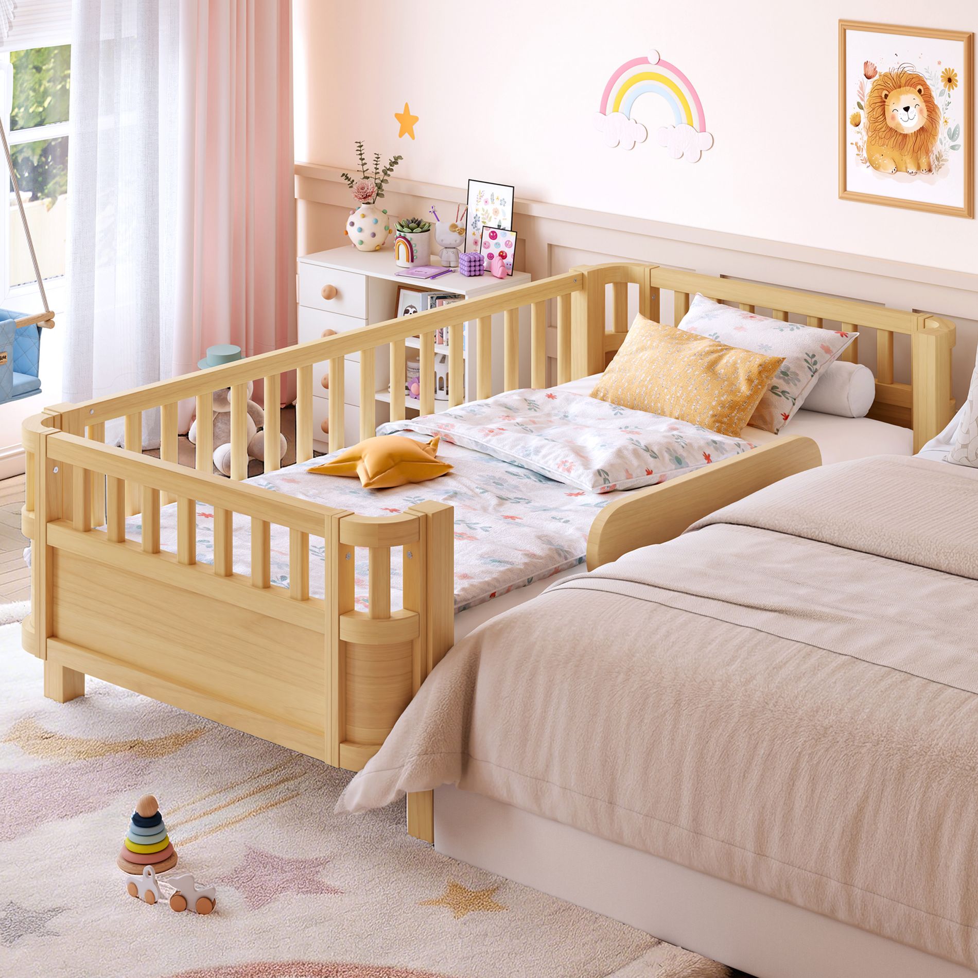 Bellemave Platform Bed with Safety Guardrails and Detachable Fence,Solid Wood Platform Bed Frame for Kids,No Box Spring Needed