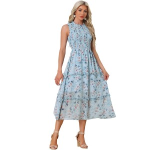 INSPIRE CHIC Women's Sleeveless Floral Ruffles Crew Neck Chiffon Smocked Sundresses - 1 of 4