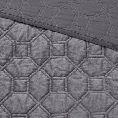 Gray King Velvet Reversible Quilt Set with Shams