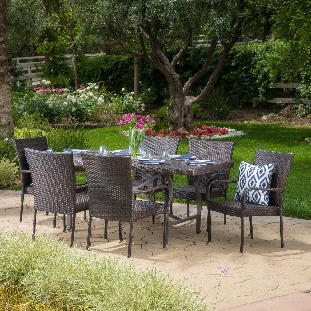 Photos - Garden Furniture Warwick 7pc Wicker Dining Set: Outdoor Patio Furniture, Galvanized Steel H