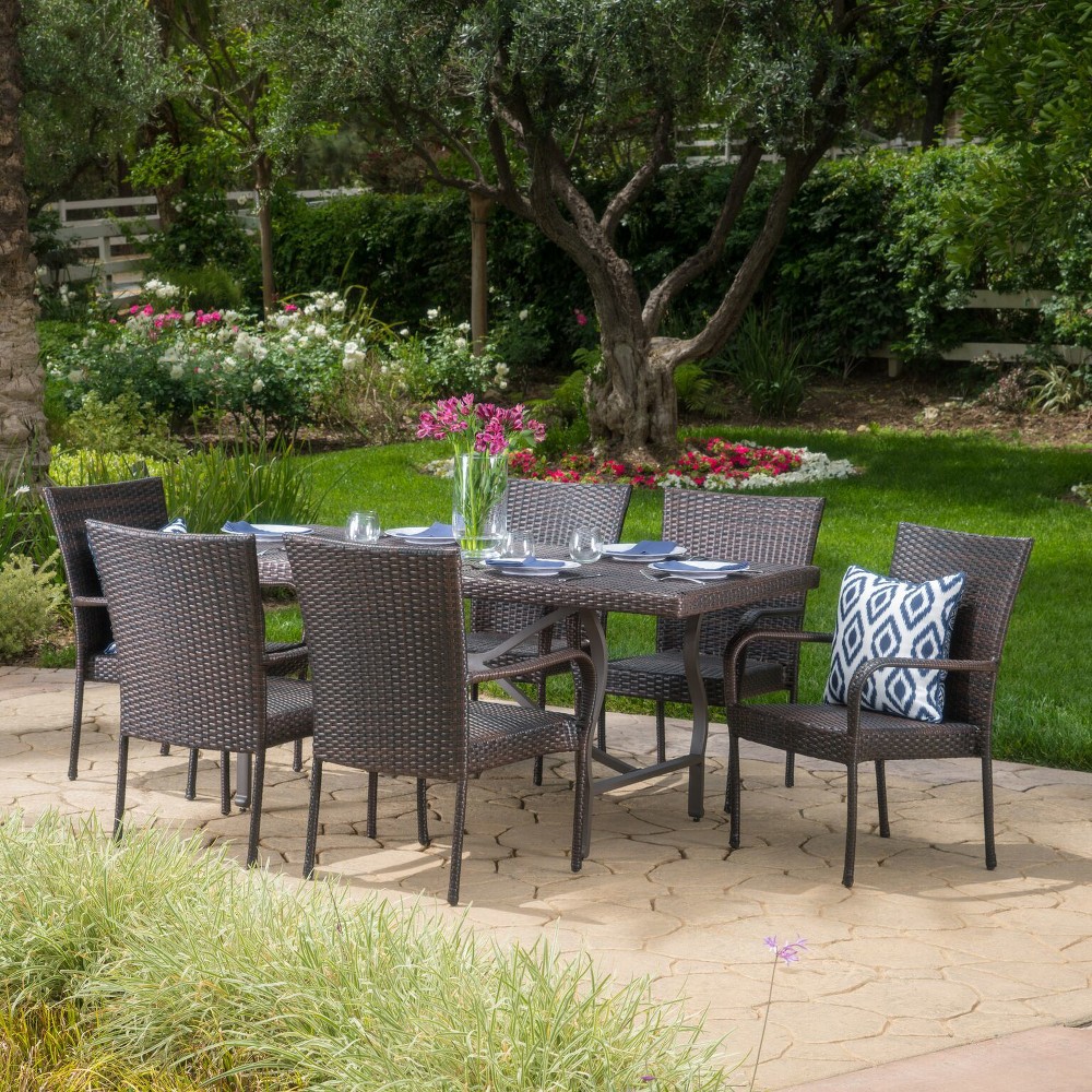 Warwick 7pc Wicker Dining Set: Outdoor Patio Furniture, Galvanized Steel Hardware - Christopher Knight Home