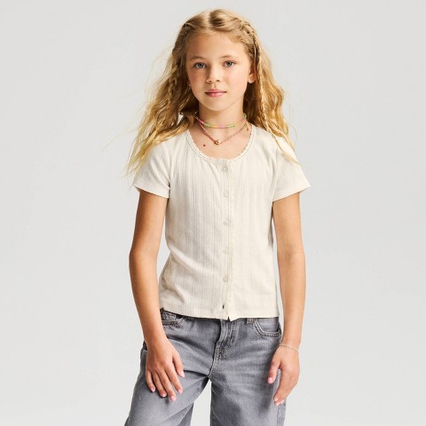 Cat & Jack Girls' Short Sleeve Pointelle Lace Trim Button-Down T-Shirt - Cat & Jack™ Cream S