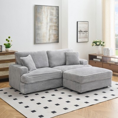 Modern 88.6" Corduroy Deep Seat Sofa with Storage Ottoman, Cloud-Like Comfy 3-Seater Couch for Living Room or Small Spaces–The Pop Home