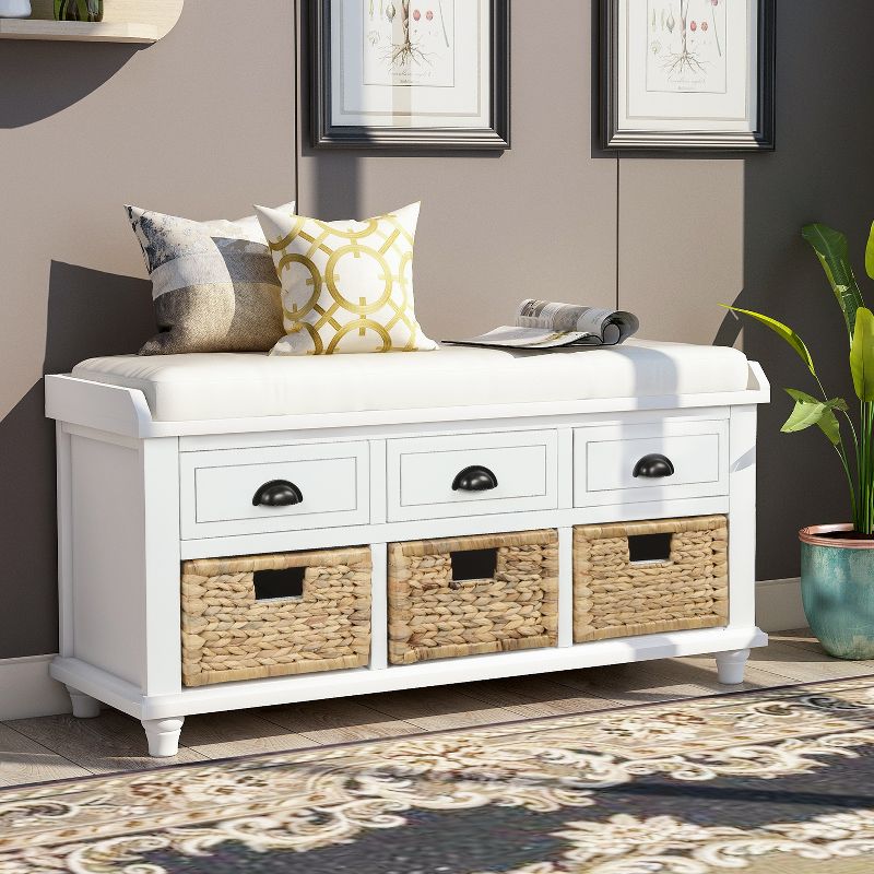 Rustic Storage Bench with 3 Drawers and 3 Rattan Baskets-ModernLuxe, 1 of 10