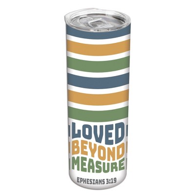 Loved Beyond Measure Ephesians 3:19 Blue Mustard Green Stripe 20 ounce Stainless Steel Travel Tumbler with Lid For Your On The Go Beverages