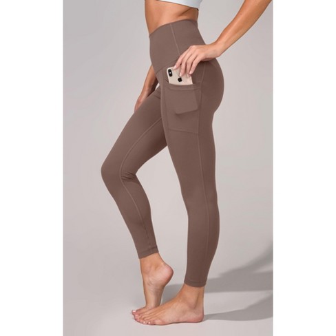 Yogalicious Womens Lux Elastic Free High Waist Side Pocket 7/8 Ankle  Legging - Mocha - X Small