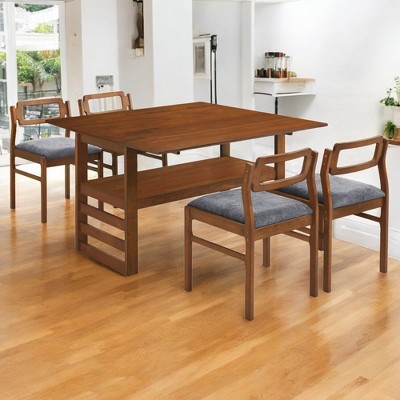 Modern 5-Piece Extendable Dining Table Set with Drop Leaves, Storage Shelf, and Upholstered Chairs for Dining Room
