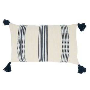 12"x20" Oversize Textured Striped Tassel Poly Filled Lumbar Throw Pillow Navy Blue - Saro Lifestyle: Cotton Weave, Zippered, Indoor Decor - 1 of 3