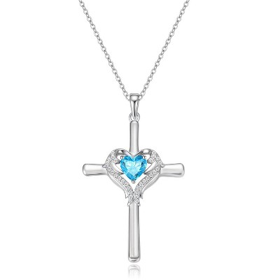 Molenia Cross Birthstone Necklace for Women, 18K White Gold Plated Sterling Silver Heart Angel Wings Guardian Faith Religious Birthday Gift