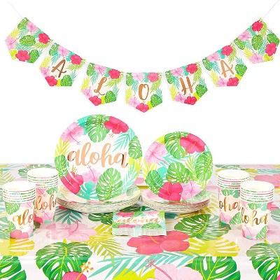Sparkle and Bash 99 Piece Serves 24 Aloha Luau Party Supplies & Decorations with Paper Plate, Cup, Banner, Tablecloth