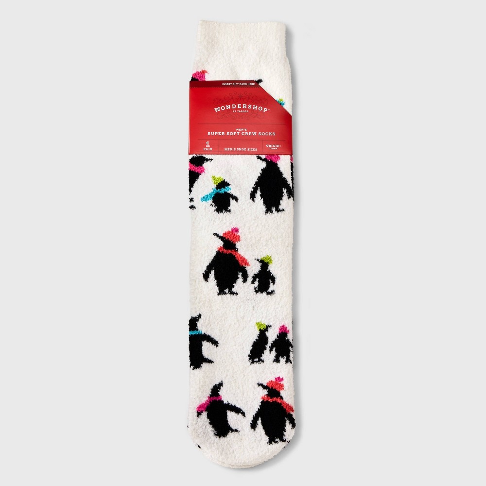 Men's Penguins Cozy Crew Socks with Gift Card Holder - Wondershop White 6-12