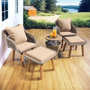 Zevemomo 5 Piece Rope Patio Furniture Set, for Backyard with Handwoven Armchairs, Ottomans, Pop-Up Cool Bar Wicker Table - 1 of 4