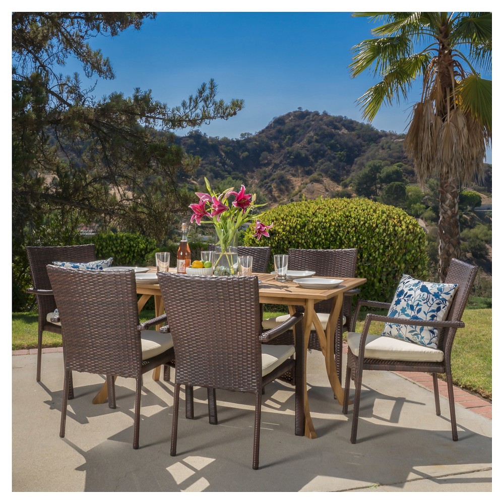 Photos - Dining Table Corleone 7pc Acacia Wood & All-Weather Wicker Dining Set - UV-Protected, C