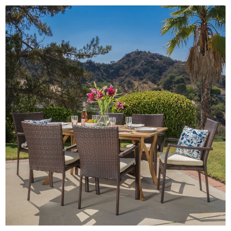 Corleone 7pc Acacia Wood & All-Weather Wicker Dining Set - UV-Protected, Cushioned Seating - Christopher Knight Home, 1 of 6