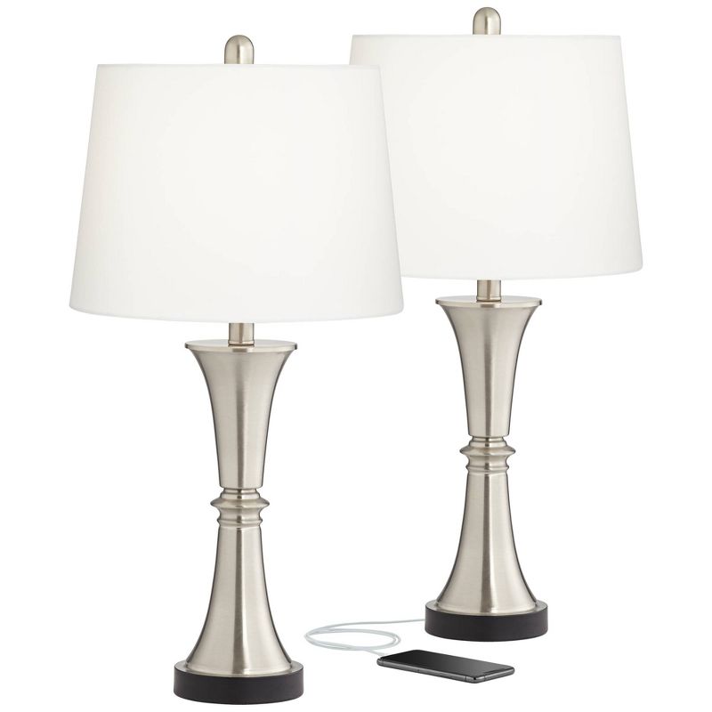 360 Lighting Seymore Modern Table Lamps 26" High Set of 2 Silver with USB Charging Port LED Touch On Off White Drum Shade for Bedroom Living Room Desk, 1 of 11