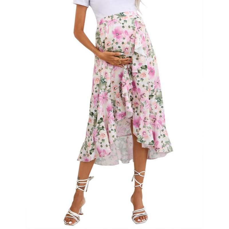 Women's Maternity Midi Skirt Pleated Elastic High Waist Summer Spring Boho Casual Ruffle Flowy Wrap Split Long Skirt, 1 of 8