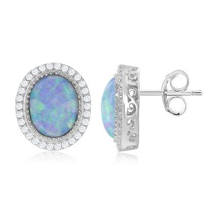 Opalata Sterling Silver Oval White Opal with CZ Border Earrings - White - 1 of 2