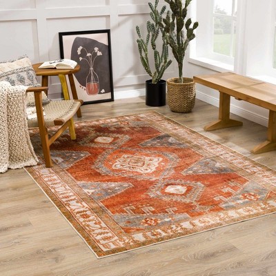 Kullar Burnt Orange and Blue Washable Polyester Area Rug 3'6" x 5'6"