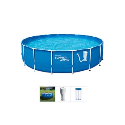 Summer Waves Active 10 Foot x 30 Inch Metal Frame Outdoor Backyard Above Ground Swimming Pool Set with Filter Pump, Type I Cartridge, and Repair Patch